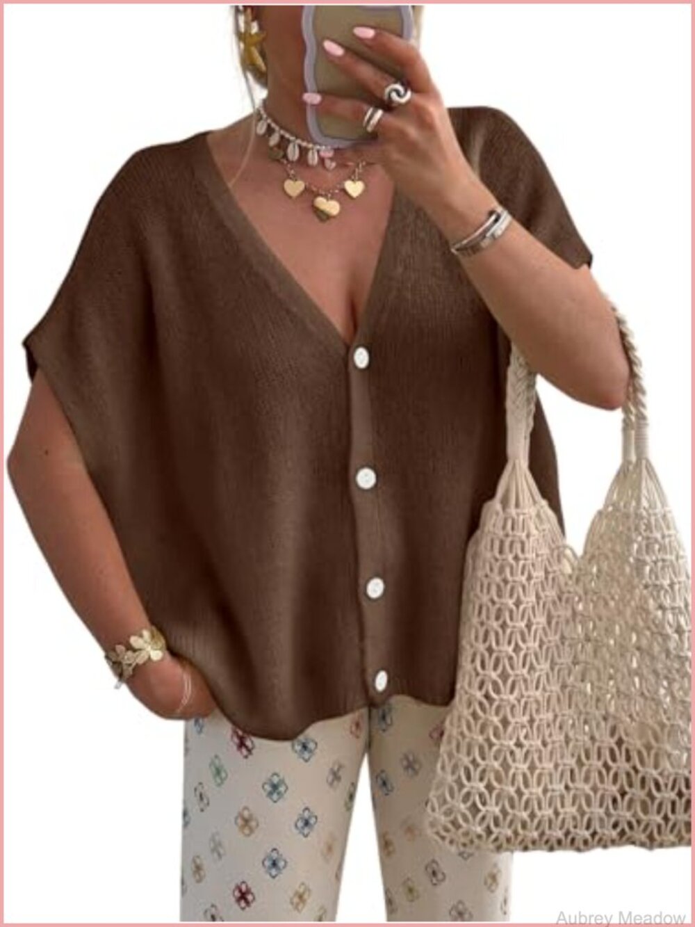 Oversized Button Up Cardigan Short Sleeve V Neck Lightweight Sweater